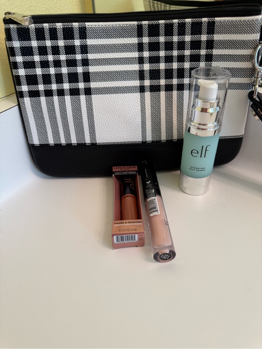 thirty-one Black & White Plaid Cosmetic Clutch w/mascara, Primer, Lip Colors